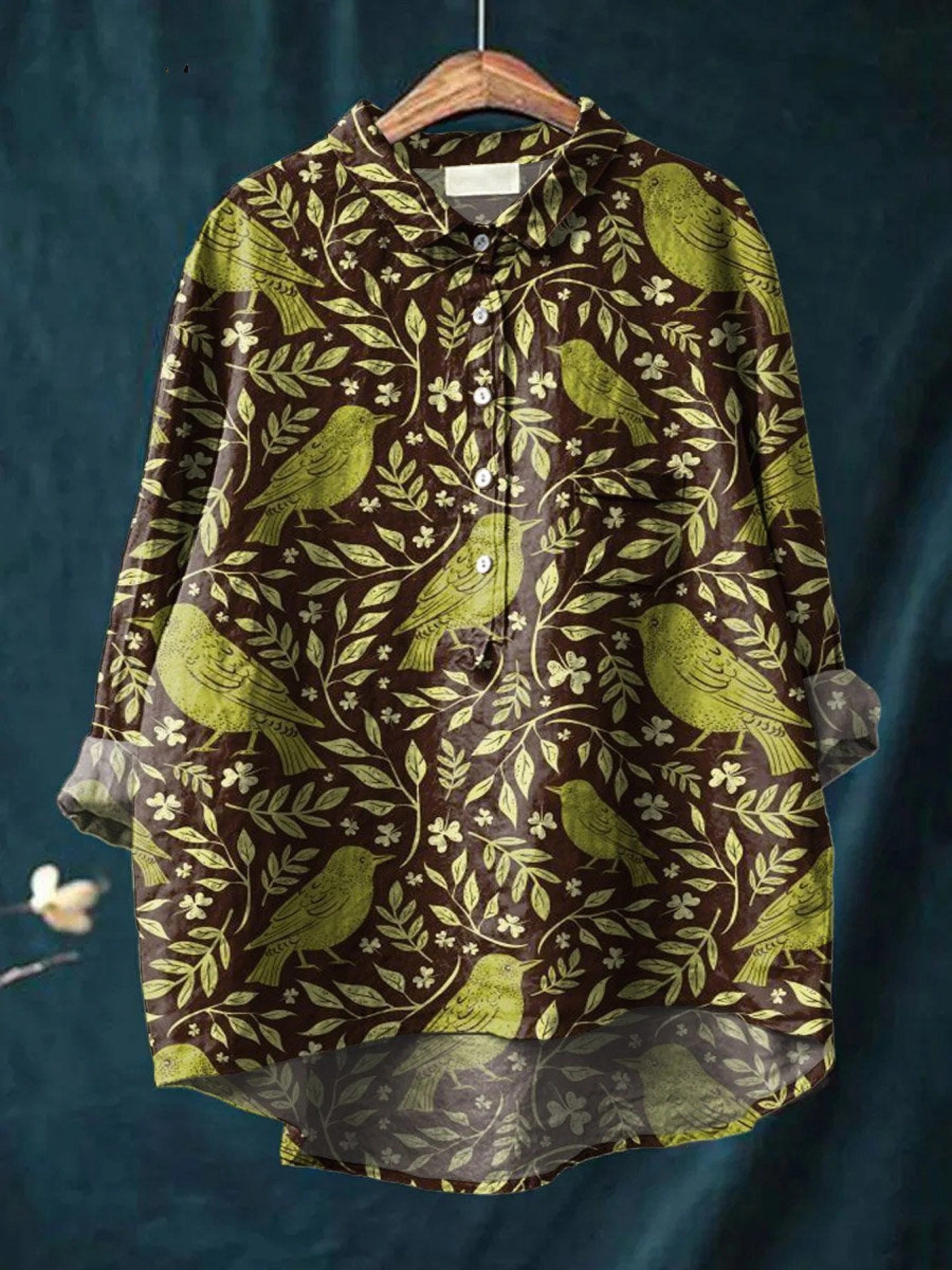 Nora | Women's Casual Shirt with Vintage Floral and Bird Art Print