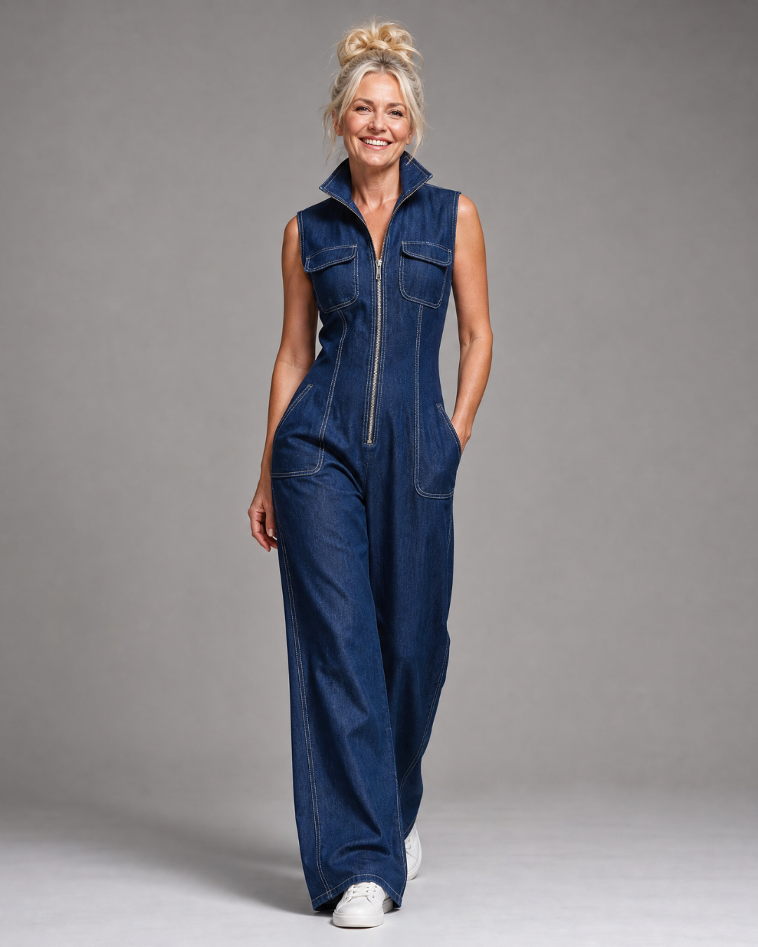 Samantha | Sleeveless Denim Wide Leg Jumpsuit with Zip Front