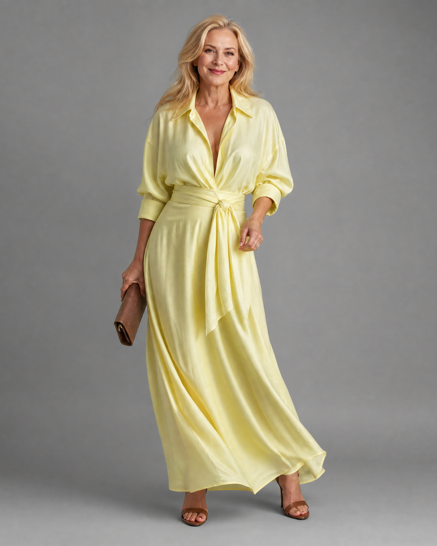 Zelith | Midi Dress with Belted Collar and Flowing Long Sleeves