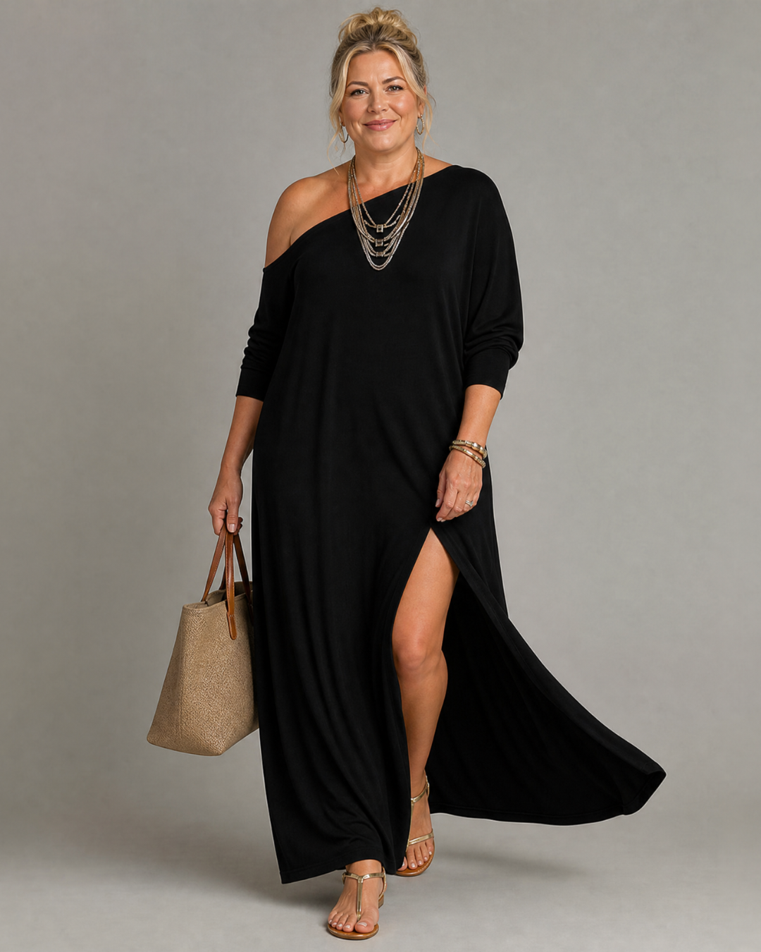 Asterelle | Flowing Midi Dress with One Shoulder and Side Slit