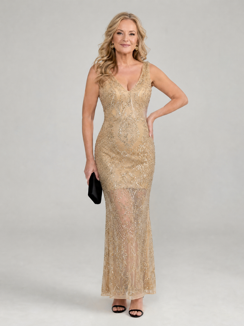 Sirea | Sleeveless Midi Dress with Sequin and Sheer Panel Details
