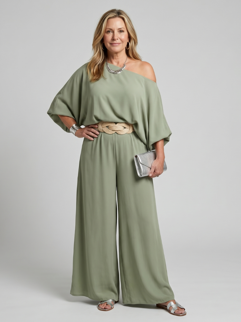 Siomara | One-Shoulder Wide Sleeve Top with Matching Wide Leg Pants Set