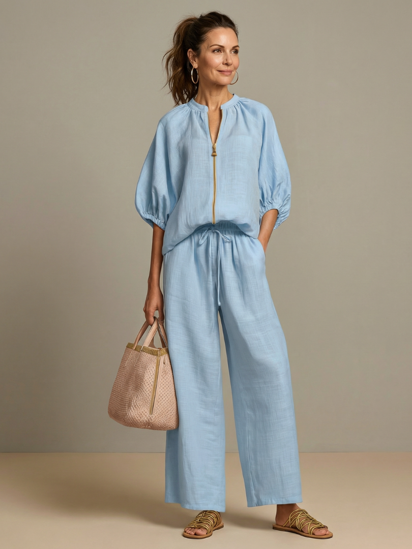 Natalia | Zip-Front Blouson Top & Wide-Leg Pants Set
