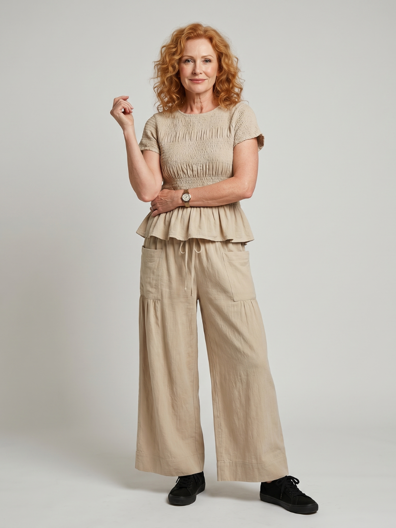 Eirenne | Smocked Top with Peplum Detail and Wide-Leg Pants Set