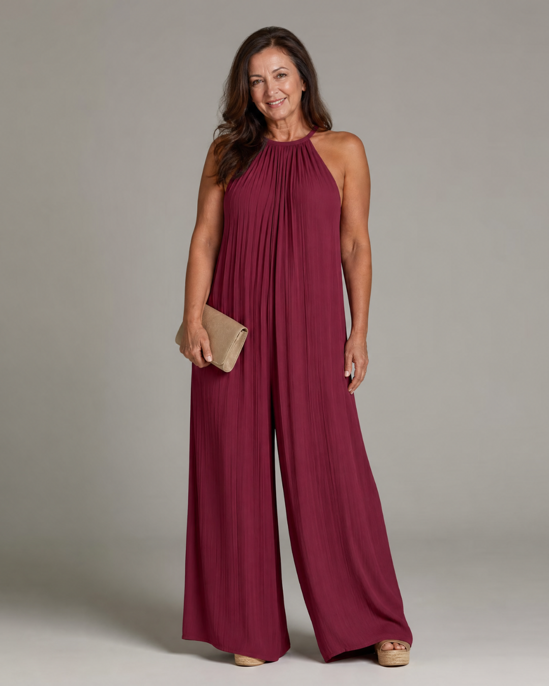 Sylvara | Relaxed Wide Leg Jumpsuit with Pleated Halter Neck
