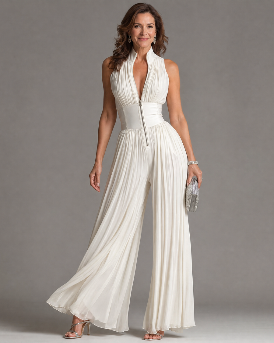 Zakira | Wide Leg Jumpsuit with Pleated Halter Neck