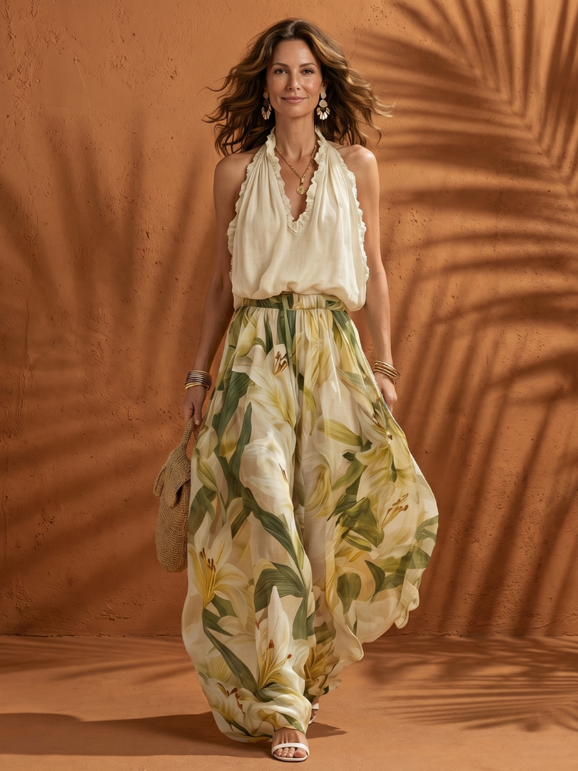 Solange | Floral Halter Neck Blouse & Wide Leg Pants Set