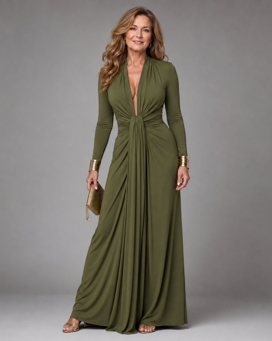 Vimmer | Long Sleeve Maxi Dress with Draped Deep V Neck