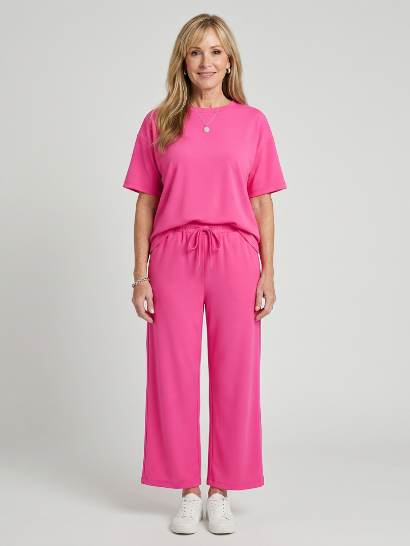 Wihel | Short Sleeve Drawstring Waist Straight Leg Pants Set