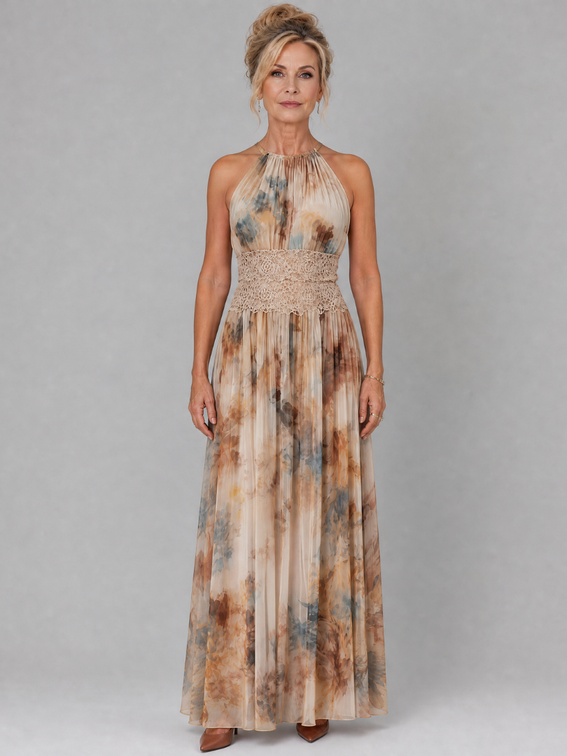 Elavenue | Maxi Dress with Halter Neck and Lace Waist Detail
