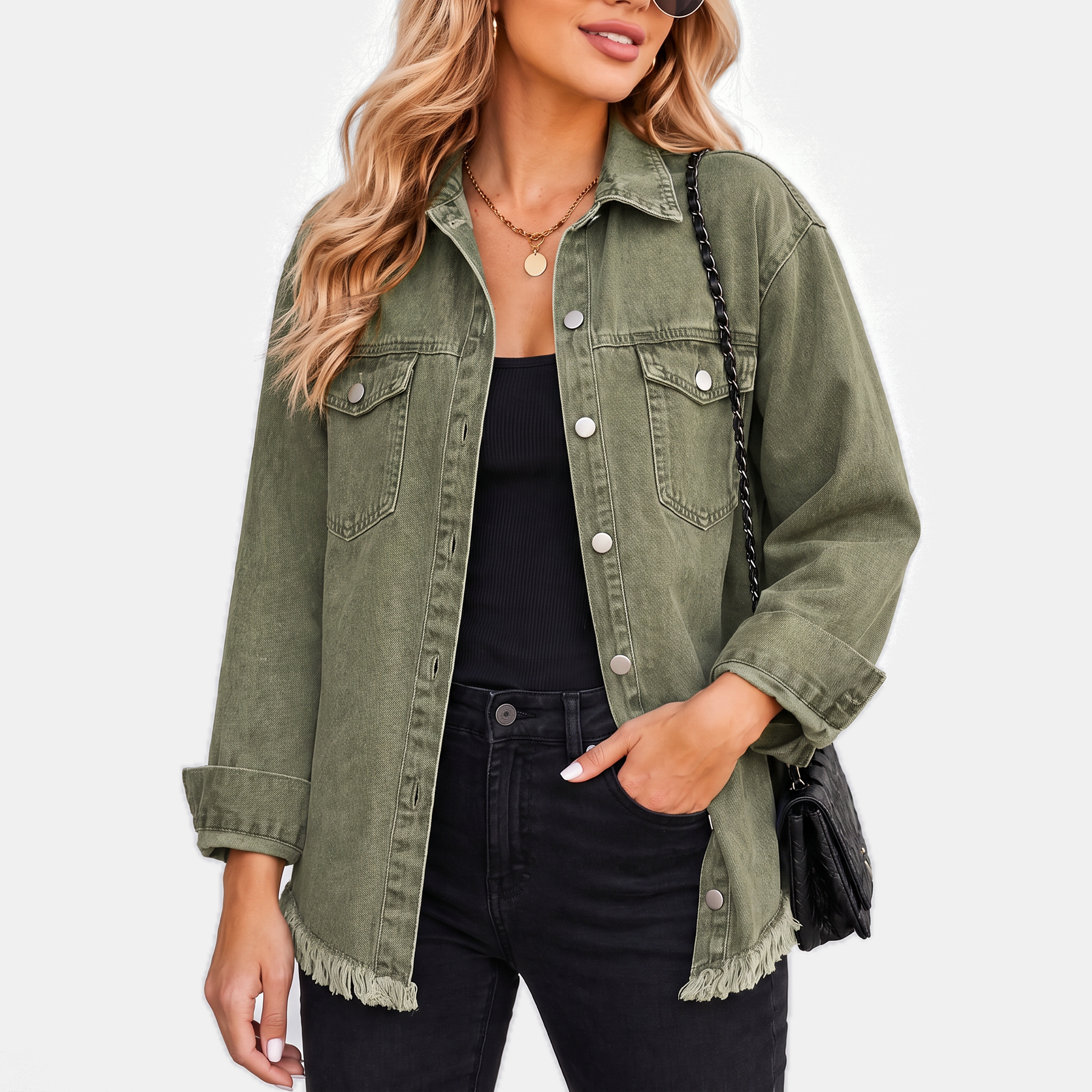 Rosa | Women's Raw Hem Snap Button Washed Denim Jacket