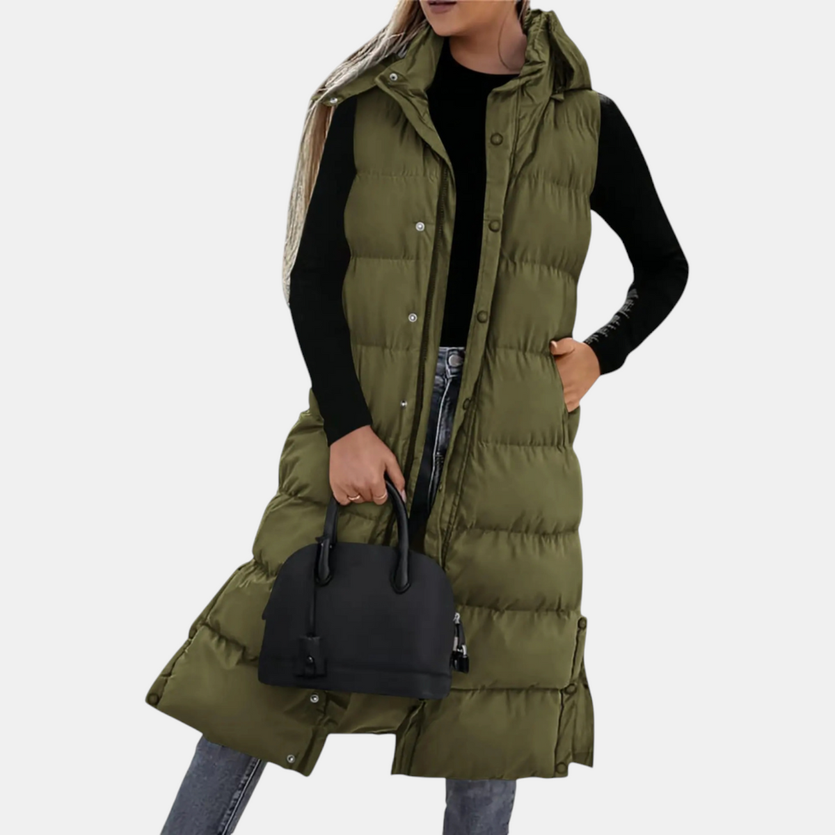 Ciara | Women's Puffer Vest Quilted Hooded Maxi Length Button Down