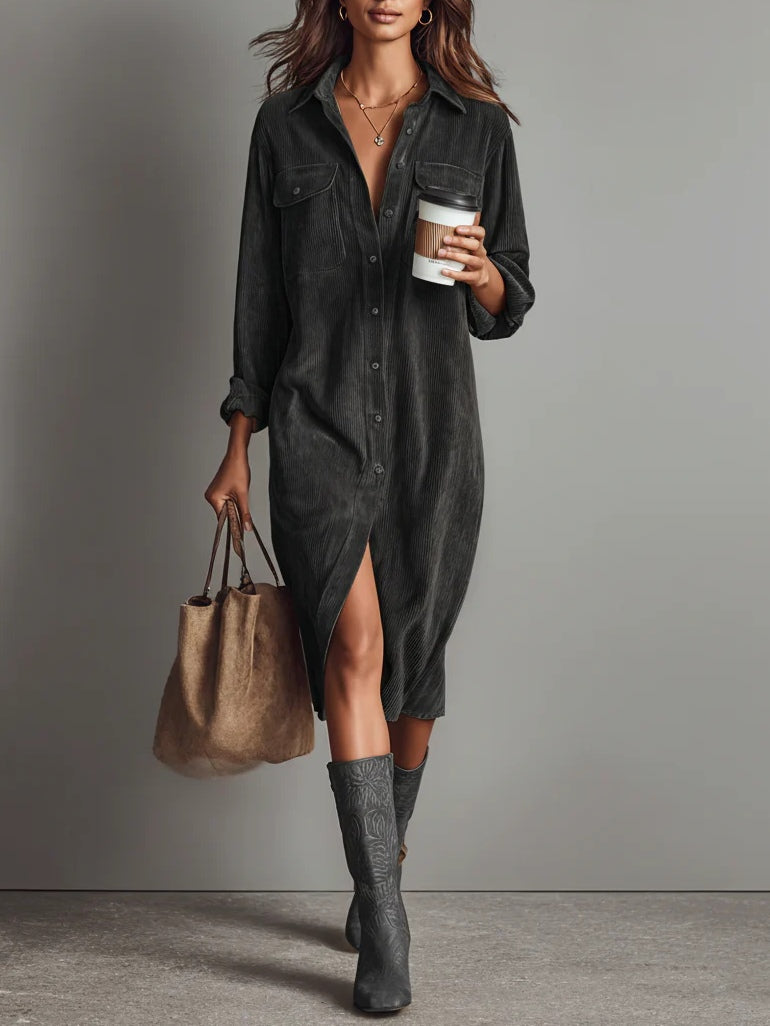 Rosa | Loose Corduroy Double Chest Pocket Single Breasted Midi Dress