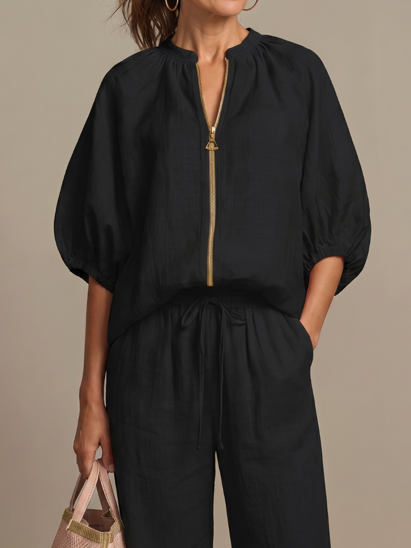 Natalia | Zip-Front Blouson Top & Wide-Leg Pants Set