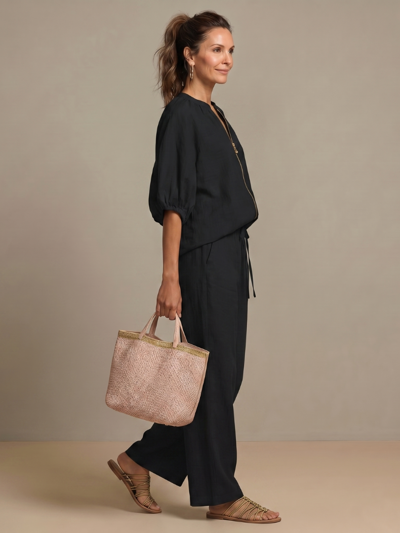 Natalia | Zip-Front Blouson Top & Wide-Leg Pants Set