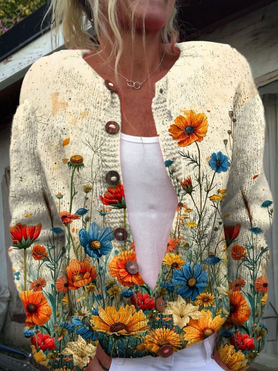 Tansy™ | Retro Floral Pattern Cardigan Sweater