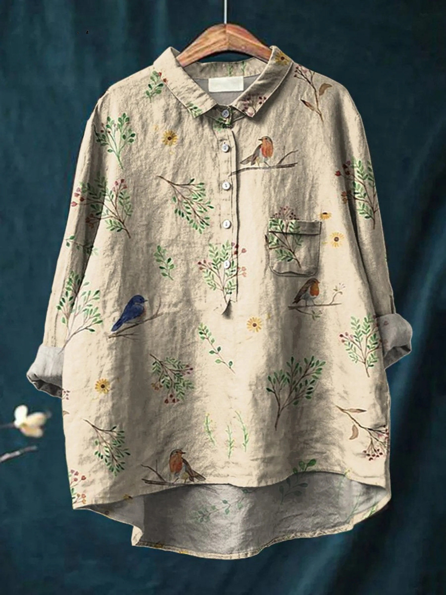Lorelai | Women's Casual Shirt with Boughs and Robin Birds Print