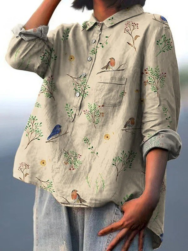 Lorelai | Women's Casual Shirt with Boughs and Robin Birds Print