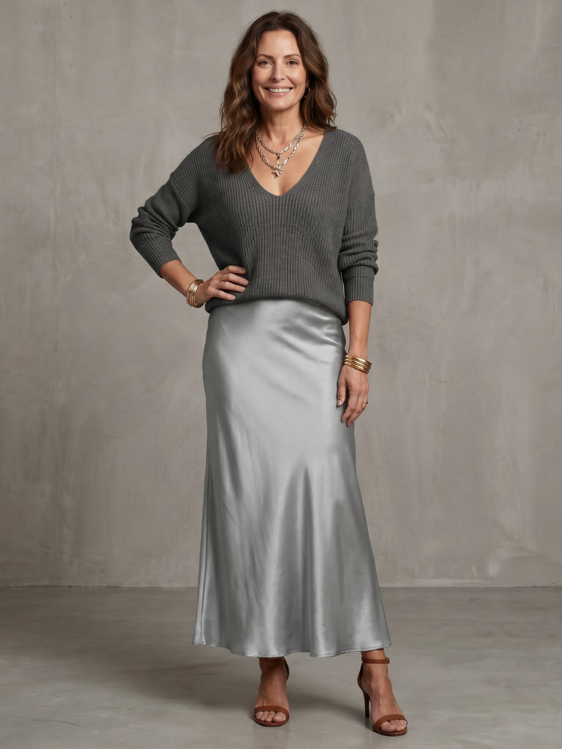 Luciana | Knit Layered Set with Bias Cut Satin Skirt