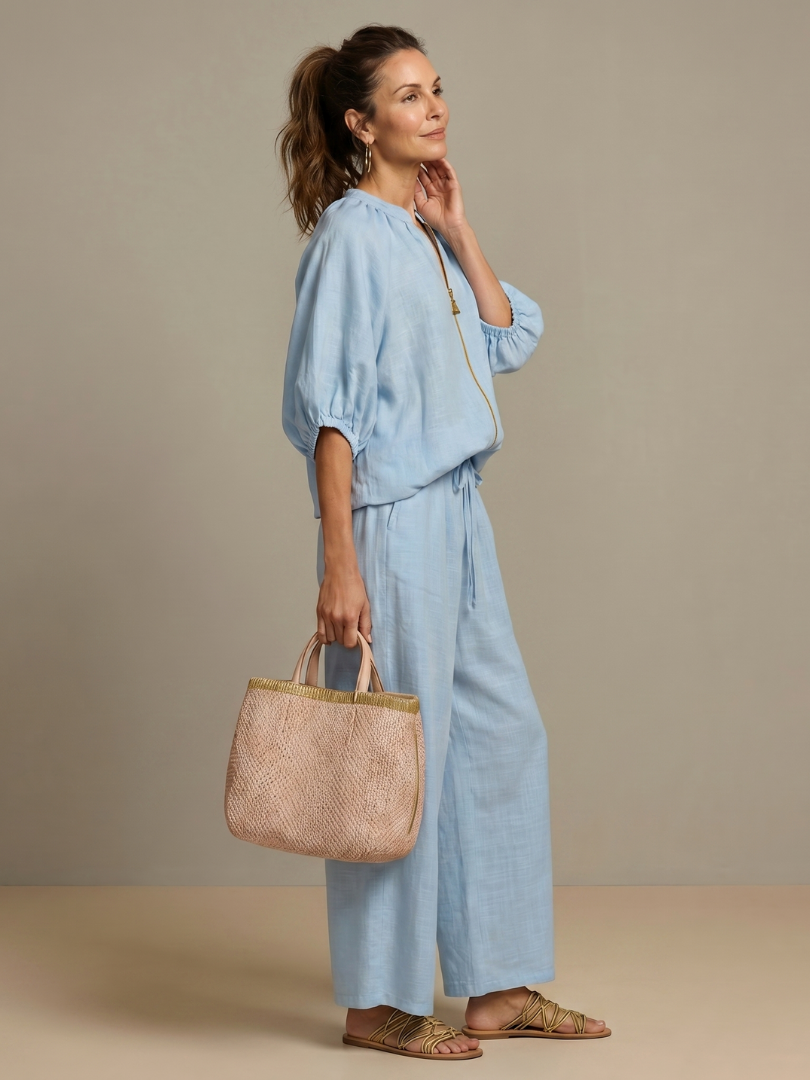 Natalia | Zip-Front Blouson Top & Wide-Leg Pants Set