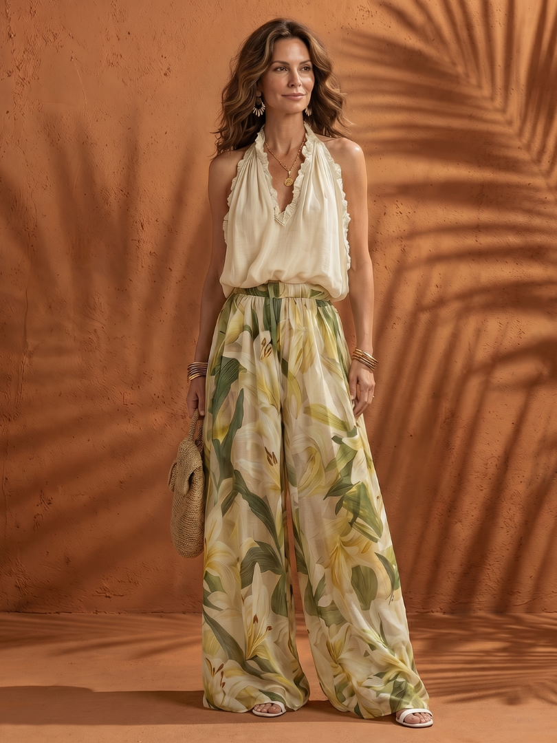 Solange | Floral Halter Neck Blouse & Wide Leg Pants Set