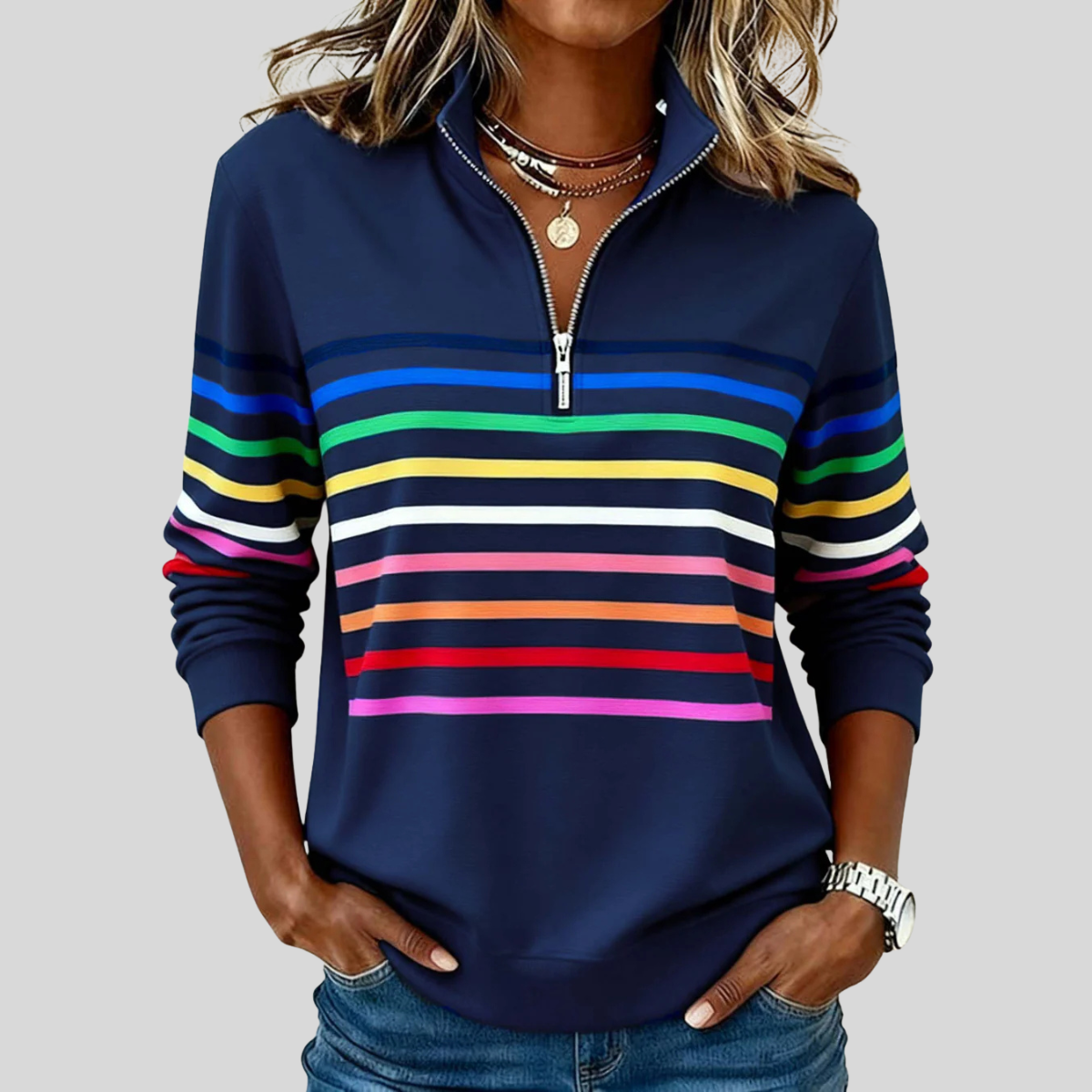 Priscilla|  Colourful Striped Quarter-Zip Sweatshirt