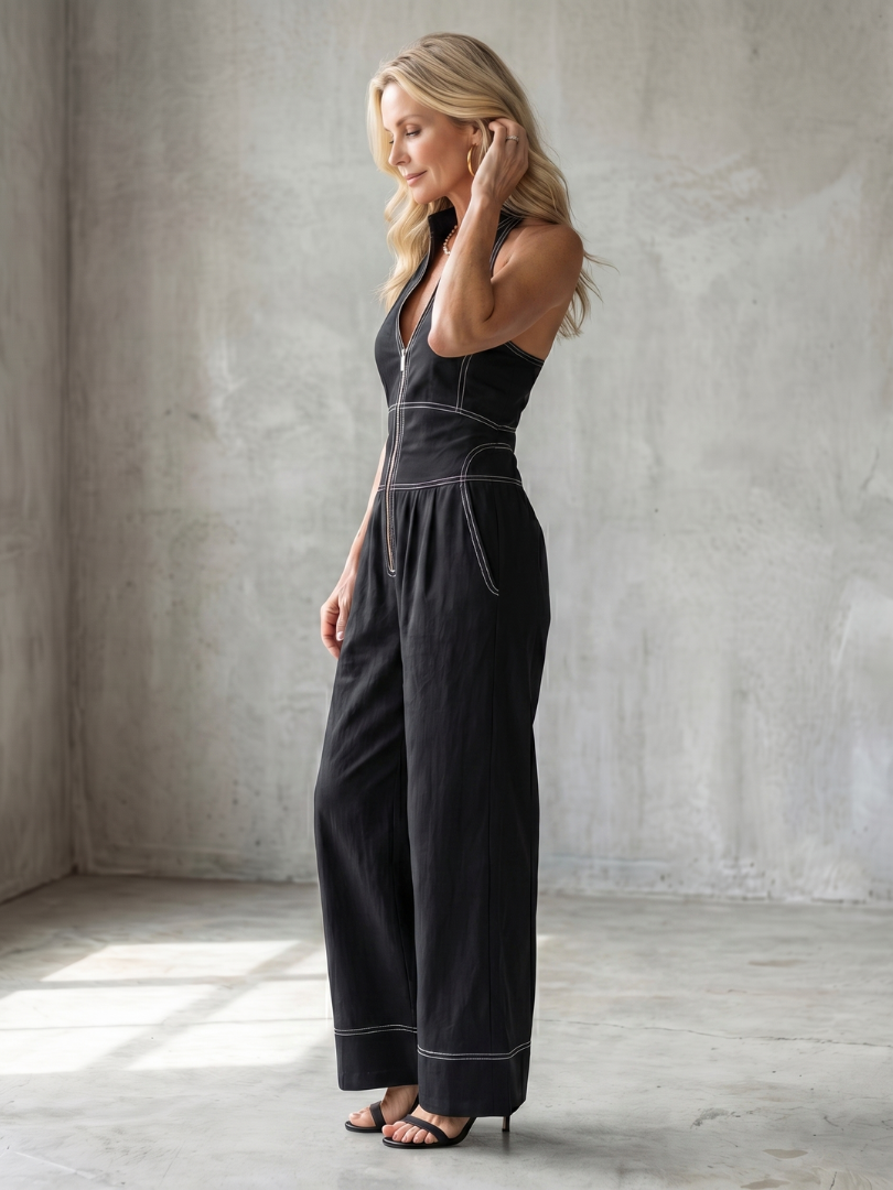 Dara | Wide Leg Jumpsuit with Zip Front and Contrast Stitching