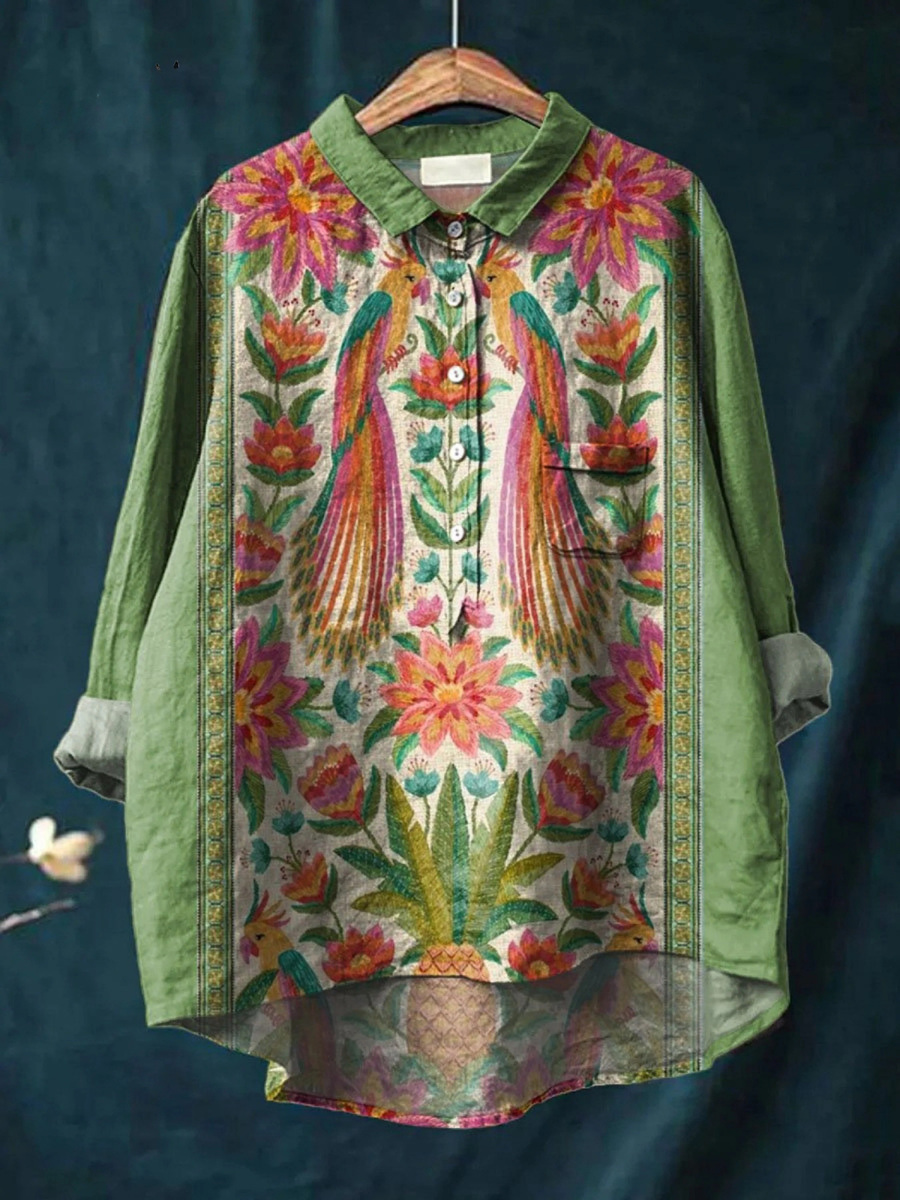 Emerson | Women's Vintage Floral Bird Art Print Casual Top