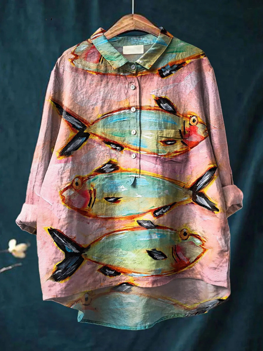 Blythe | Women's Casual Shirt with Vintage Fish Art Print
