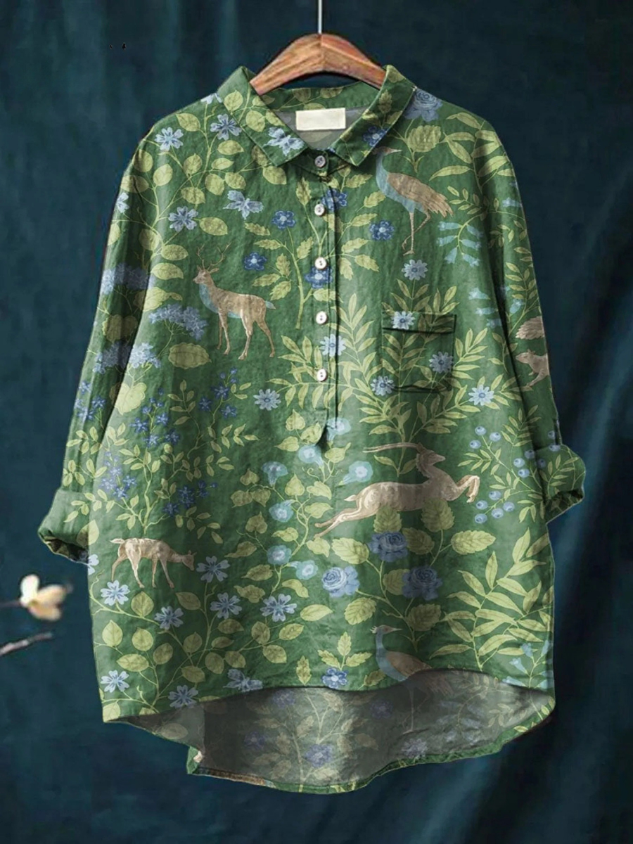 Calista | Women's Casual Shirt with Vintage Floral Animal Art Print