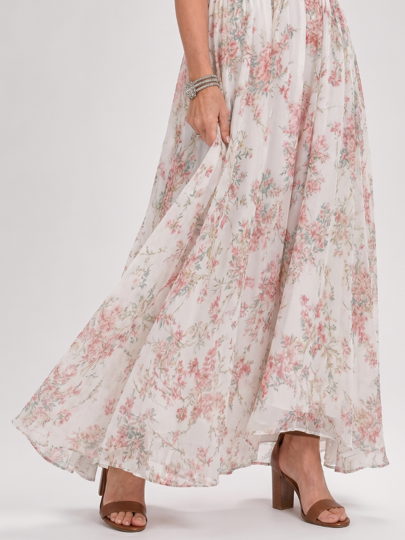 Guinevere | Midi Dress with Flowing Floral Print Skirt