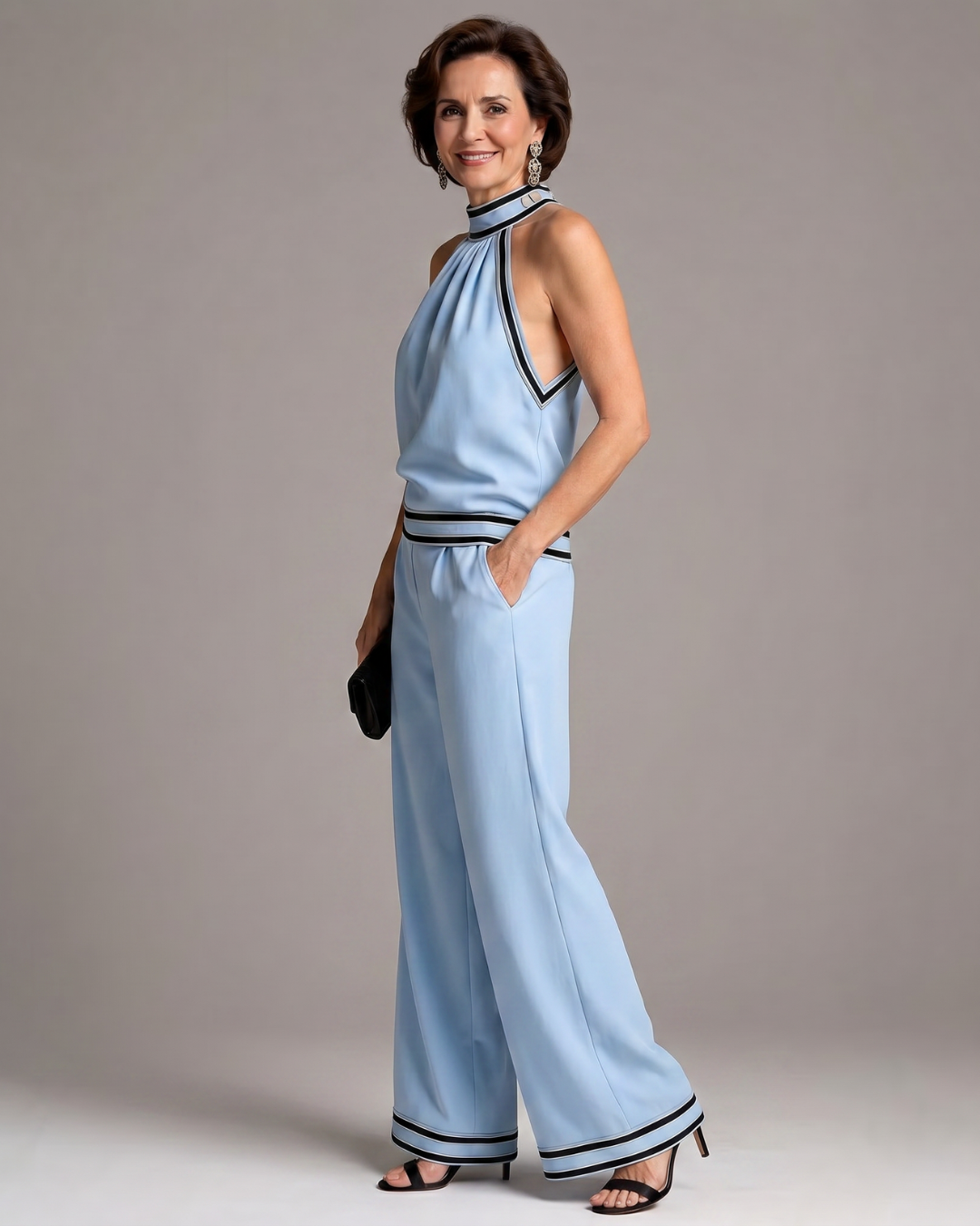 Zephyrine | Halter Neck Wide Leg Jumpsuit with Contrast Trim