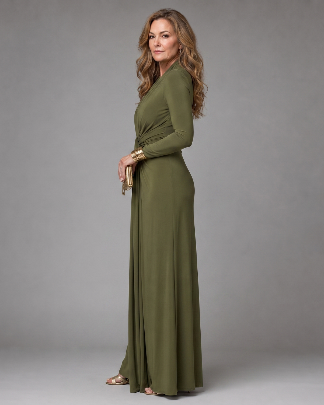 Vimmer | Long Sleeve Maxi Dress with Draped Deep V Neck