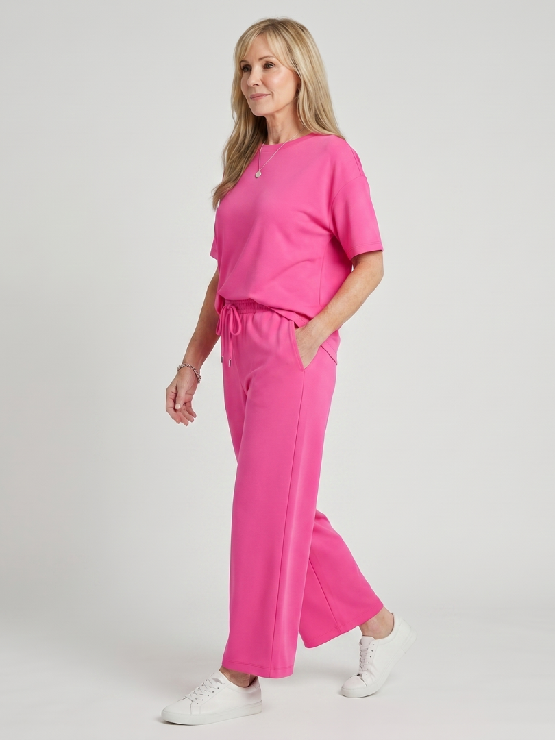Wihel | Short Sleeve Drawstring Waist Straight Leg Pants Set