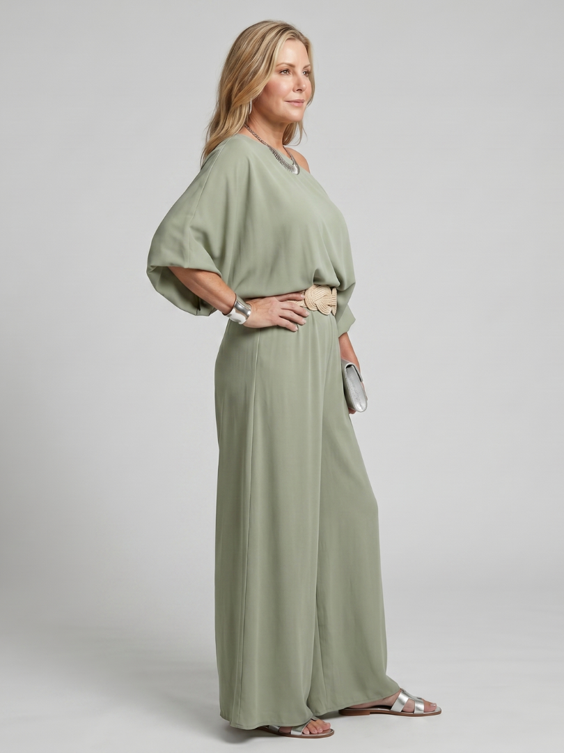 Siomara | One-Shoulder Wide Sleeve Top with Matching Wide Leg Pants Set