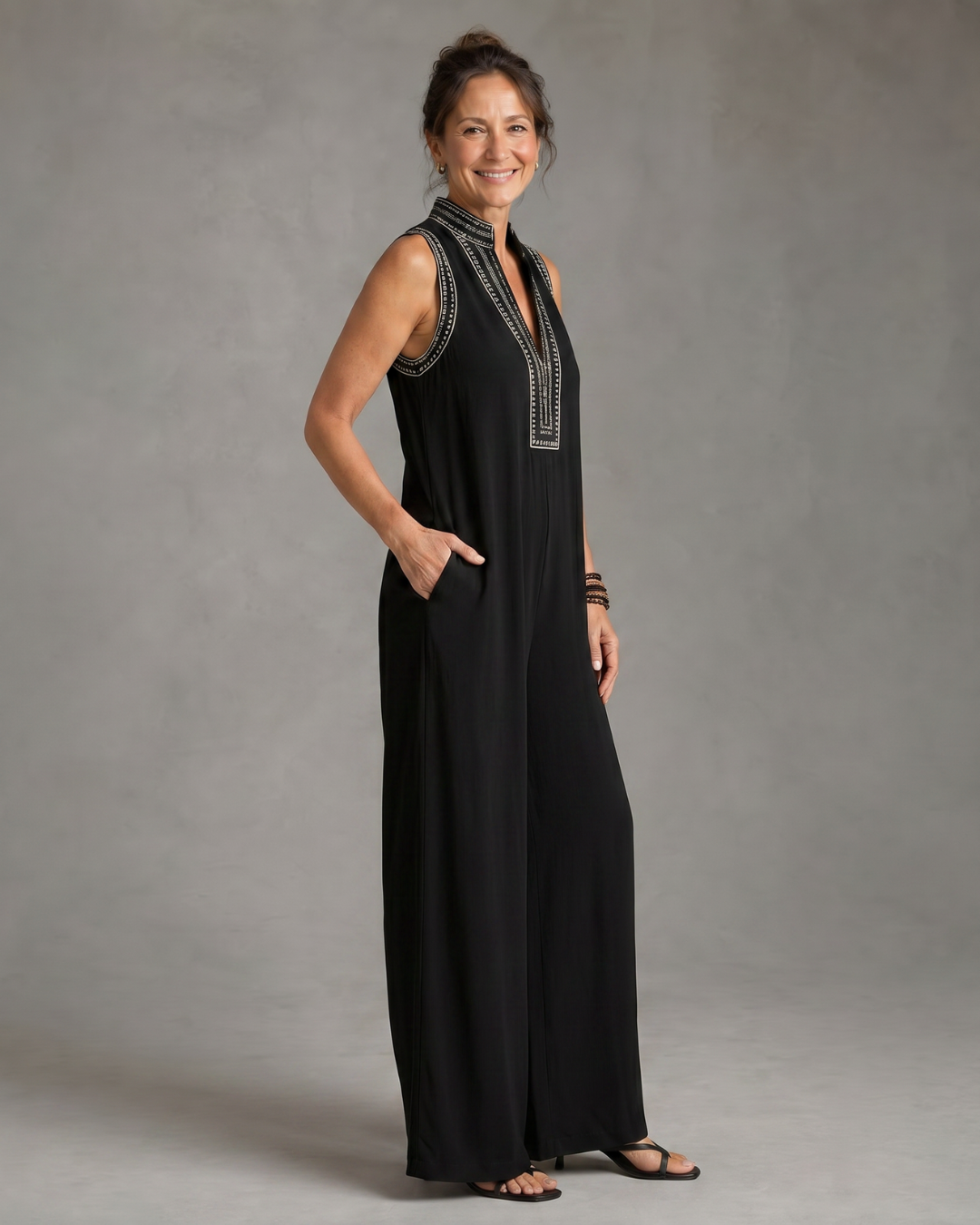 Velmira | Sleeveless Wide Leg Jumpsuit with Embroidered V-Neck
