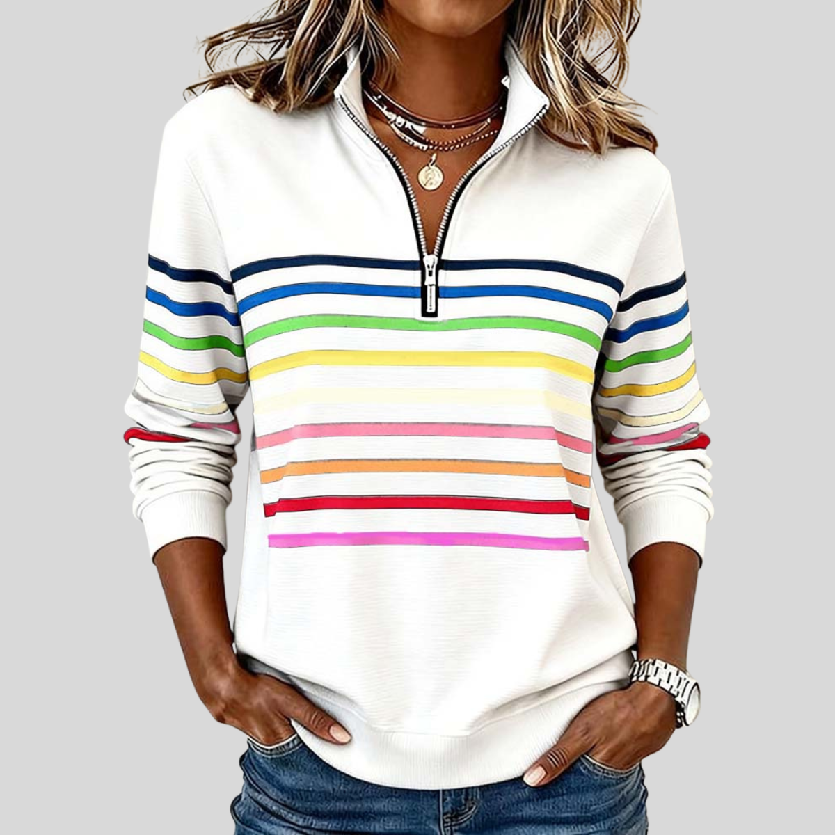 Priscilla|  Colourful Striped Quarter-Zip Sweatshirt
