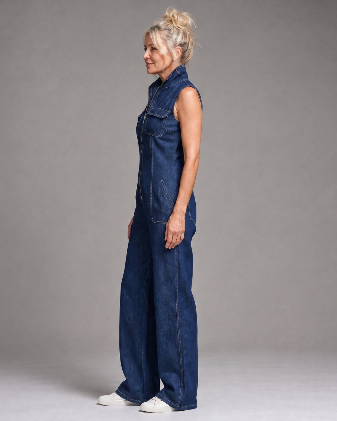 Samantha | Sleeveless Denim Wide Leg Jumpsuit with Zip Front