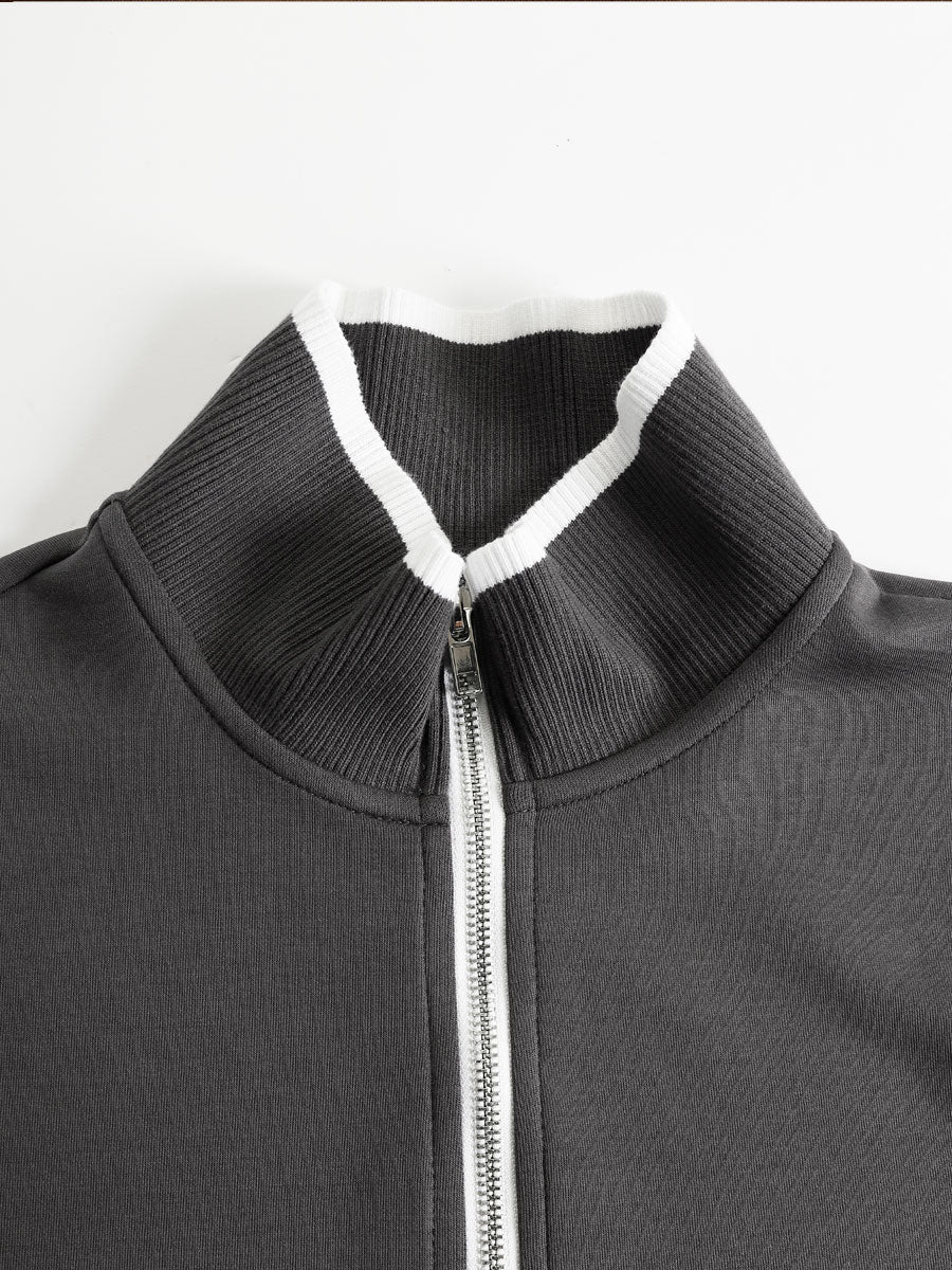 Eva | Retro Sporty Webbing Grey-white Half-zip Sweatshirt And Wide-leg Pants Set