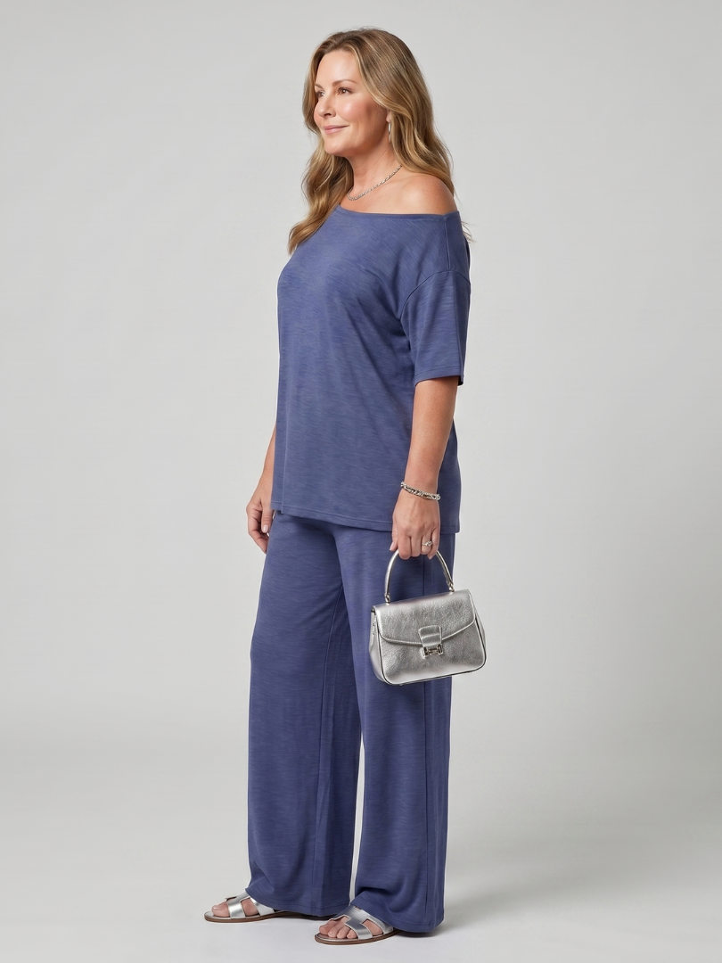 Elarim | Off-Shoulder Short Sleeve Top & Wide Leg Pants Set