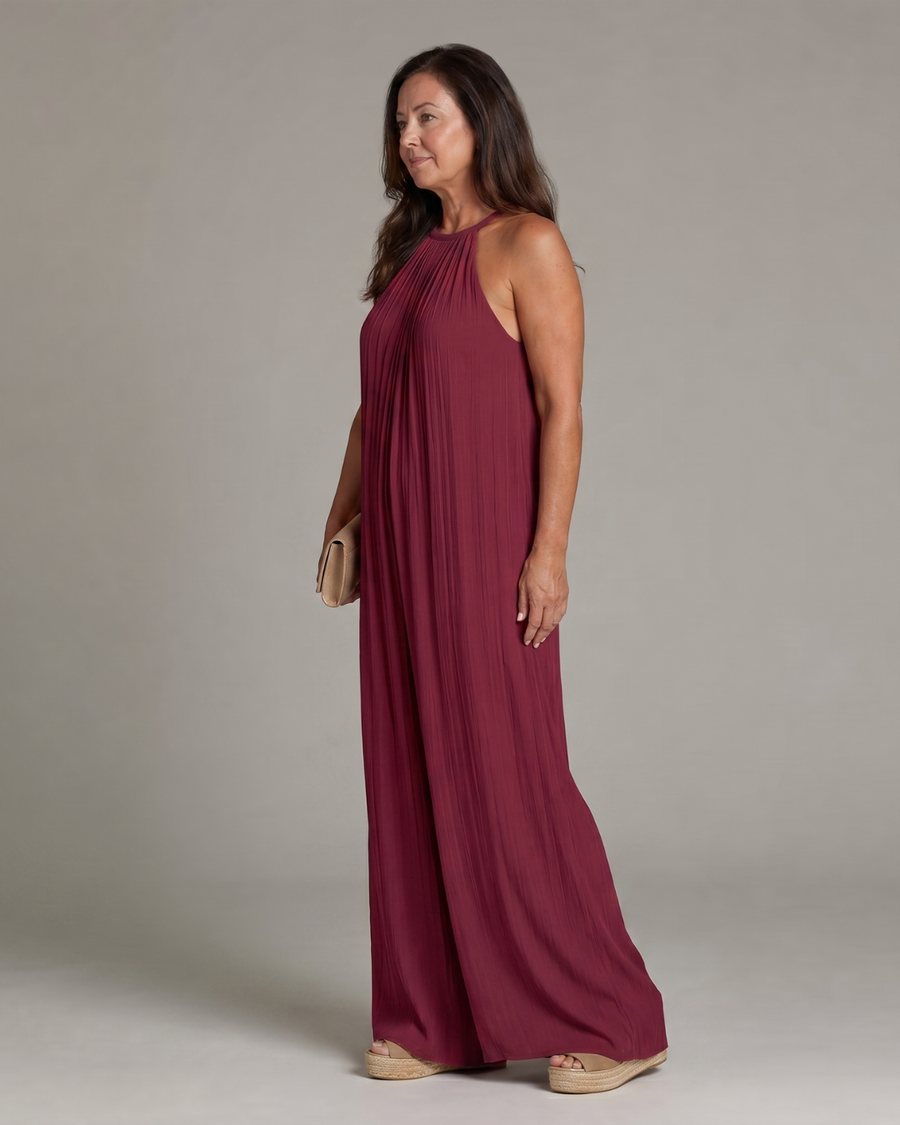 Sylvara | Relaxed Wide Leg Jumpsuit with Pleated Halter Neck