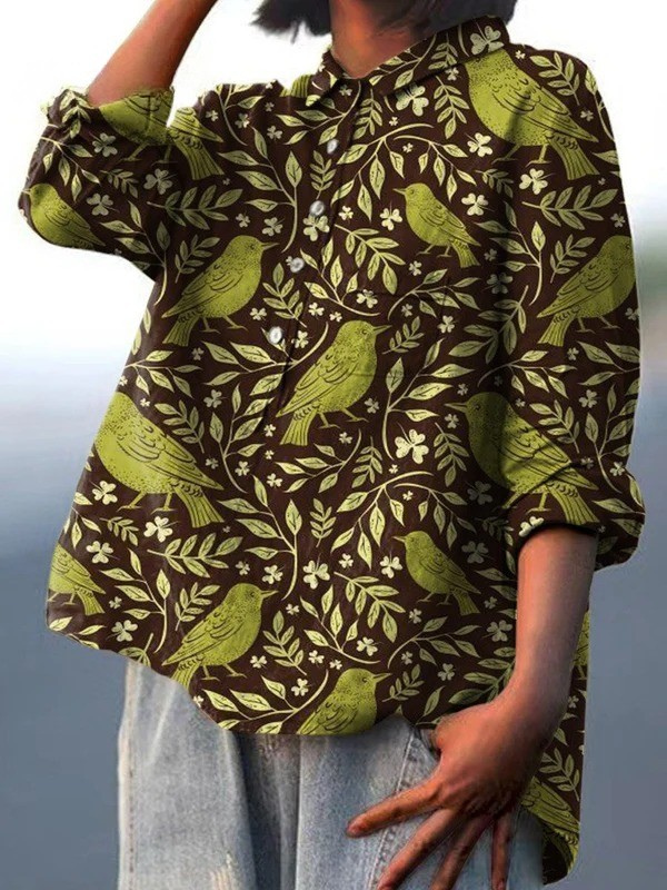 Nora | Women's Casual Shirt with Vintage Floral and Bird Art Print