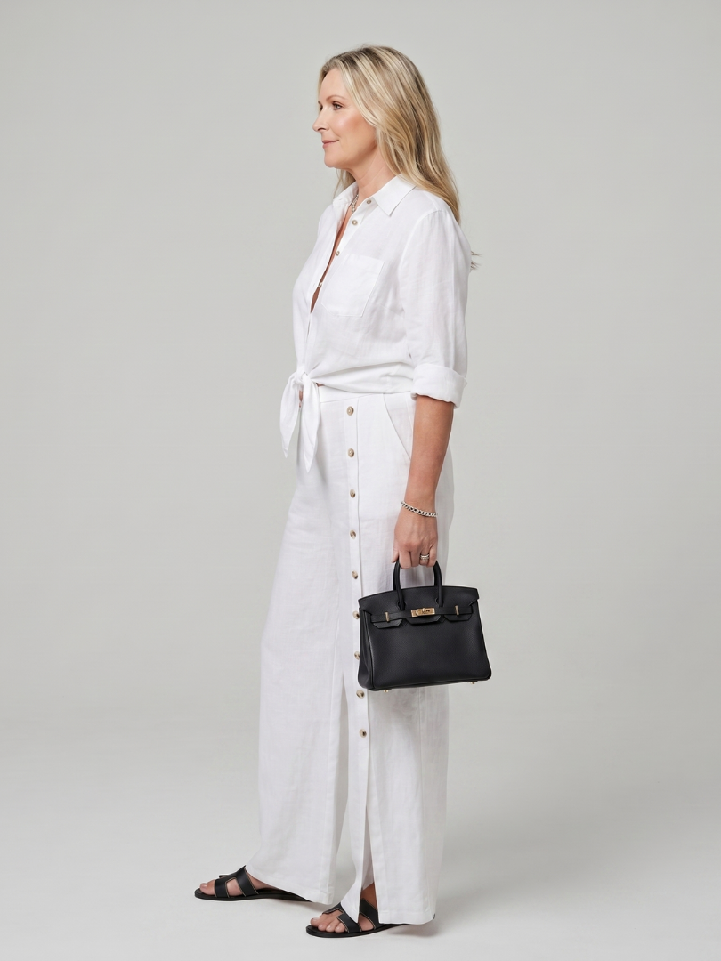 Maddelina | Long Sleeve Tie-Front Top with Wide-Leg Pants Set