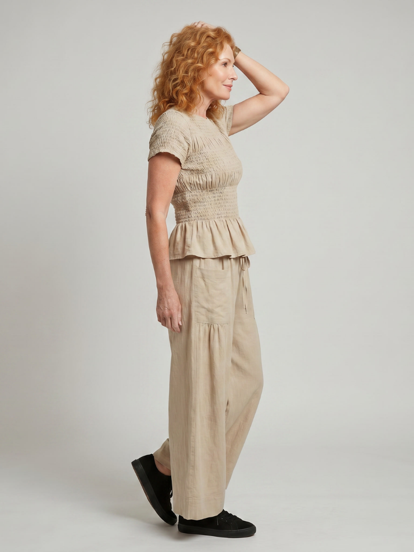 Eirenne | Smocked Top with Peplum Detail and Wide-Leg Pants Set