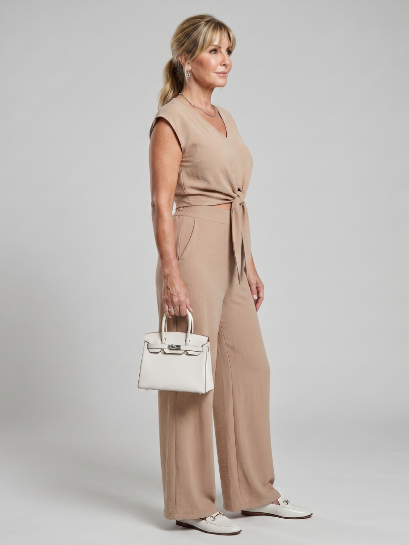 Leonora | Elegant V-Neck Strap Top with Wide-Leg Pants Set