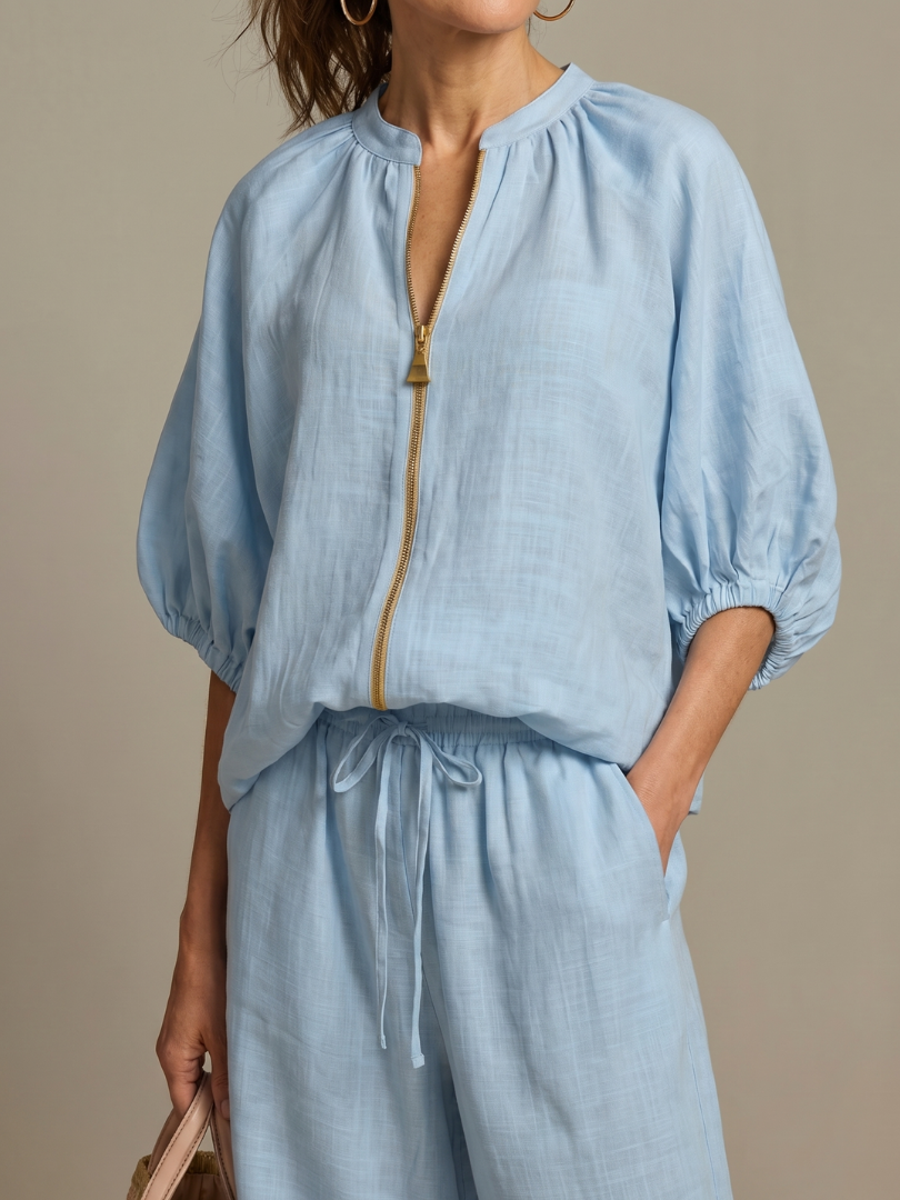 Natalia | Zip-Front Blouson Top & Wide-Leg Pants Set