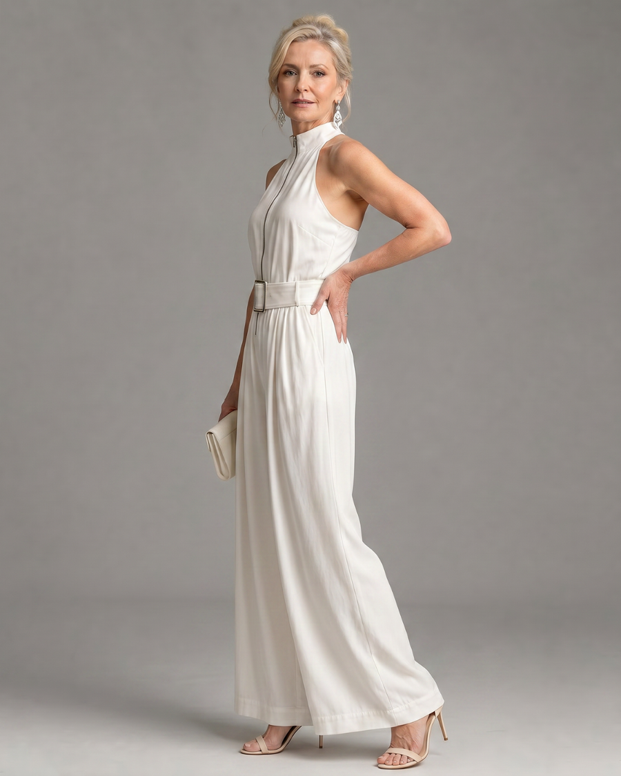 Astrielle | Sleeveless High Neck Wide Leg Jumpsuit with Belt
