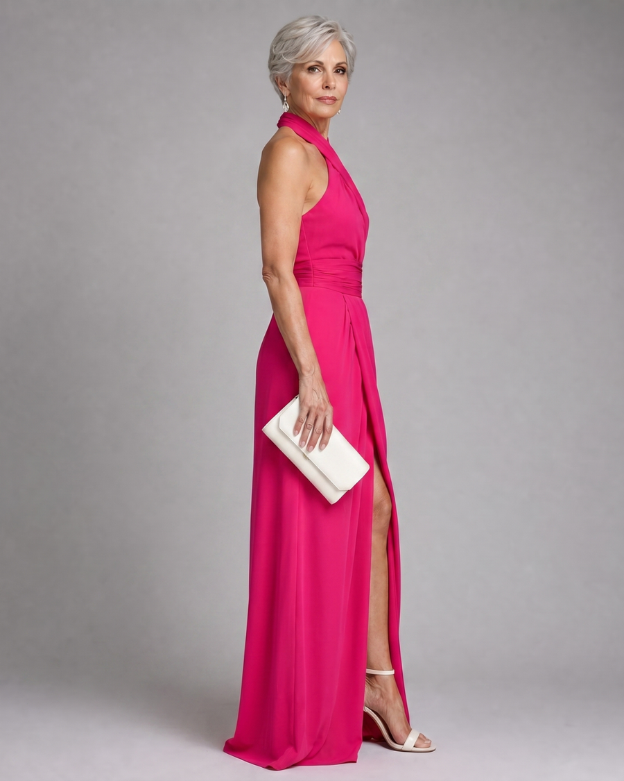Vaelora | Midi Dress with Cross Halter and Draped Side Slit