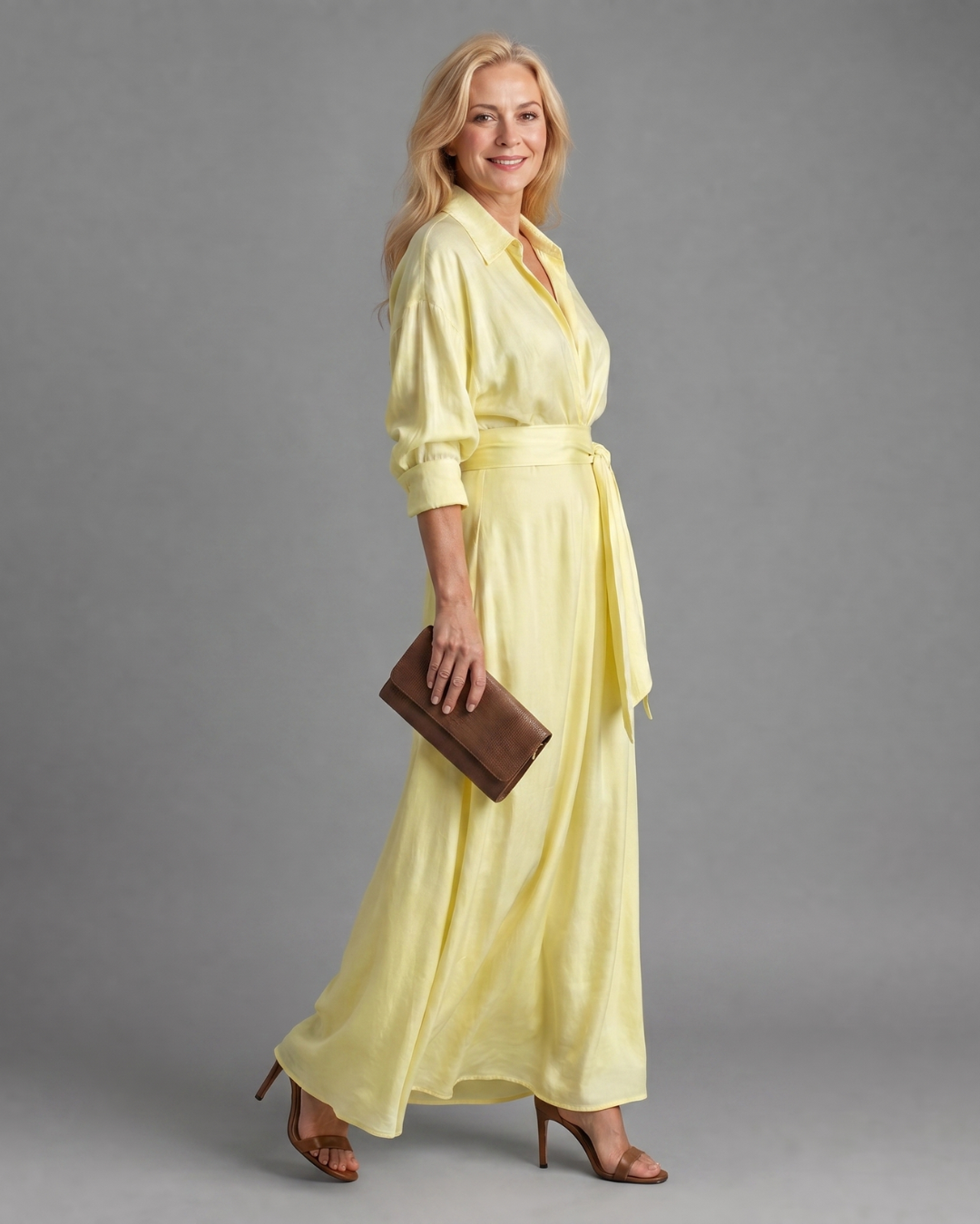 Zelith | Midi Dress with Belted Collar and Flowing Long Sleeves