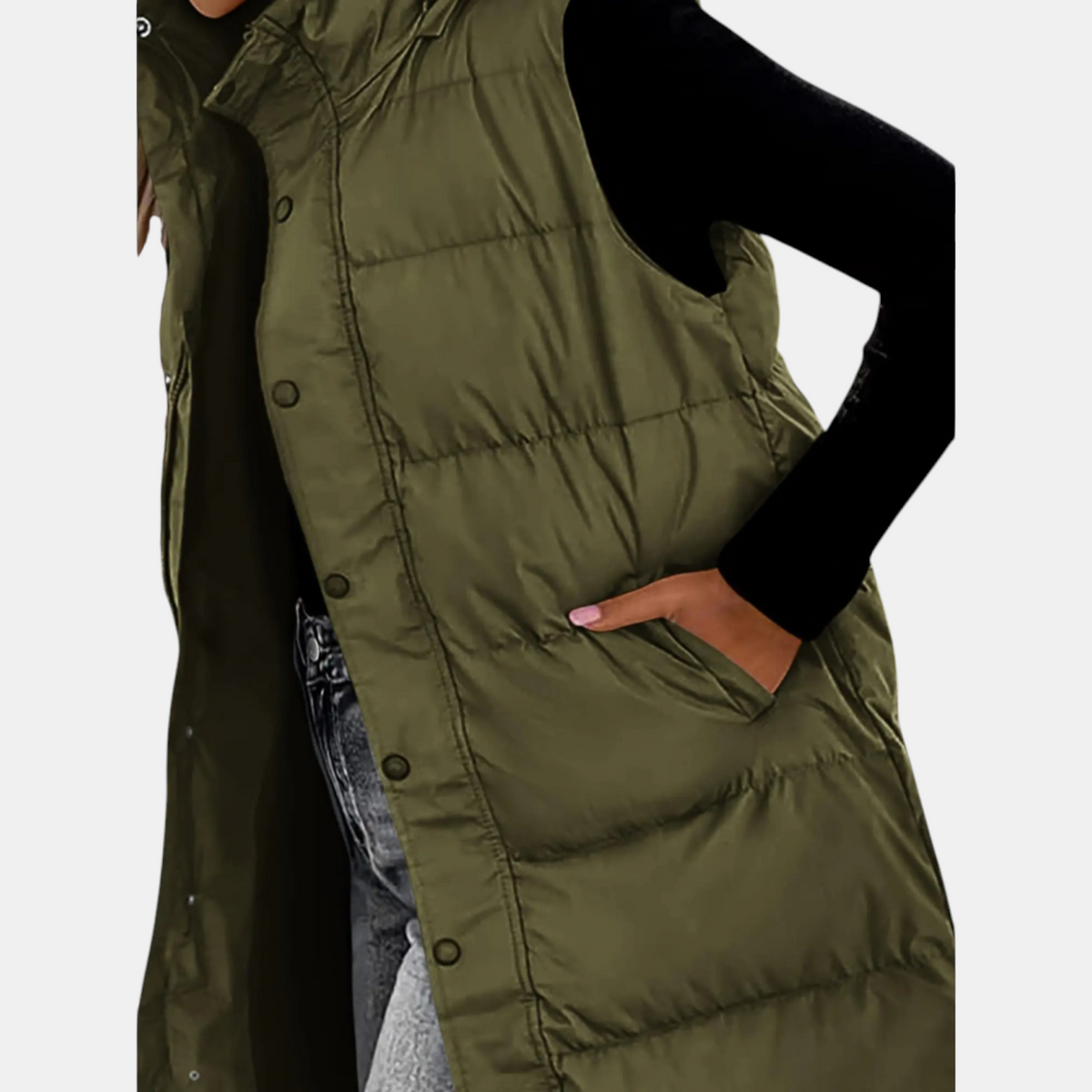 Ciara | Women's Puffer Vest Quilted Hooded Maxi Length Button Down